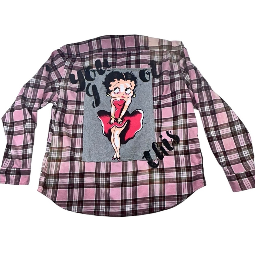 Custom Made Betty Boop Bleached Pink Plaid Flannel Shirt XXL Graphic Back Y2K - Picture 2 of 9